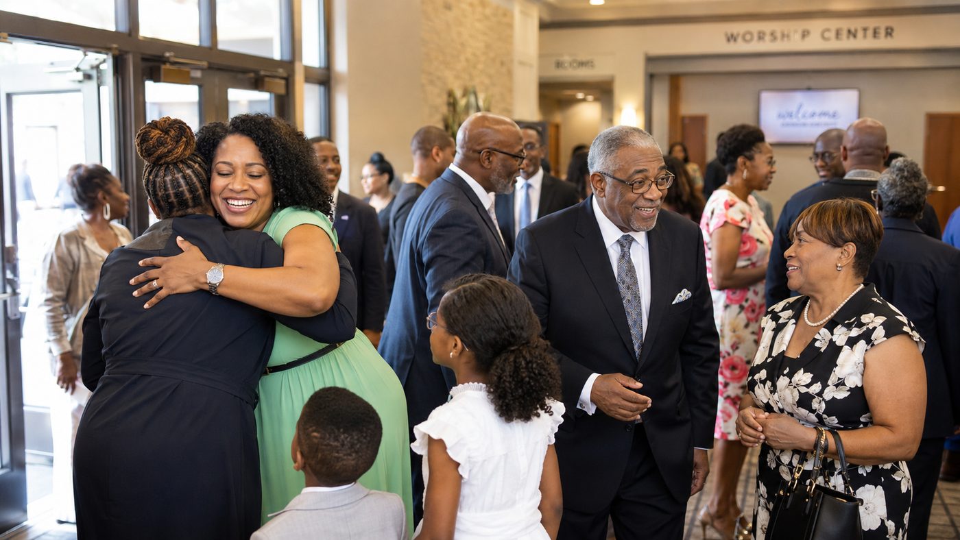 Members greeting one another in the welcome center