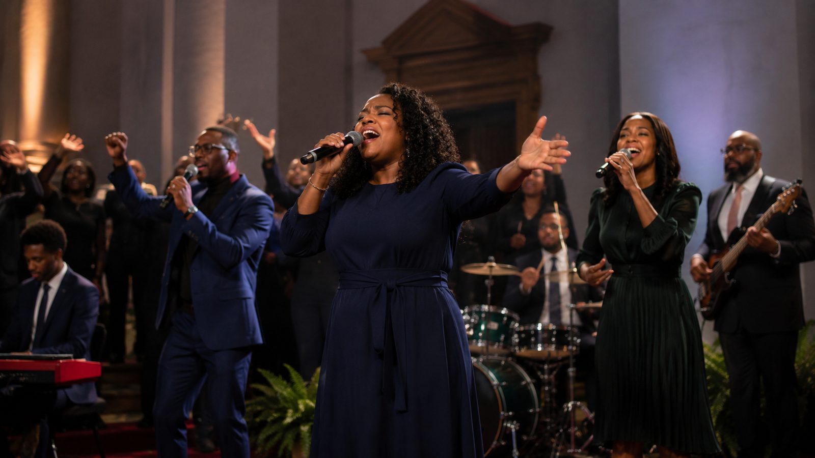 Praise and worship team leading service